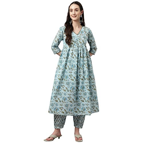 FIORRA Women's Light Blue Pure Cotton Flared Kurta with Pant - Image 1