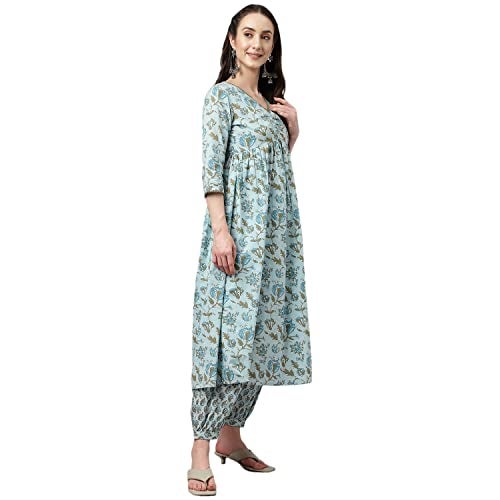 FIORRA Women's Light Blue Pure Cotton Flared Kurta with Pant - Image 3
