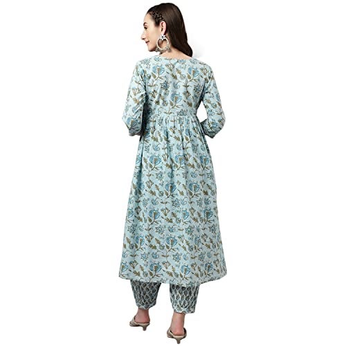 FIORRA Women's Light Blue Pure Cotton Flared Kurta with Pant - Image 4