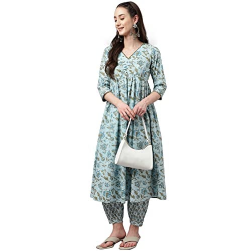 FIORRA Women's Light Blue Pure Cotton Flared Kurta with Pant - Image 5