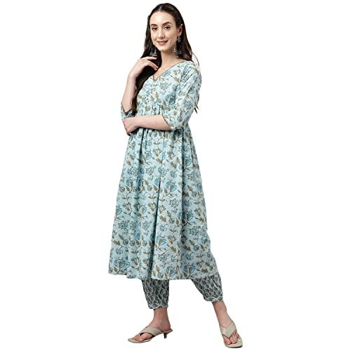 FIORRA Women's Light Blue Pure Cotton Flared Kurta with Pant - Image 2