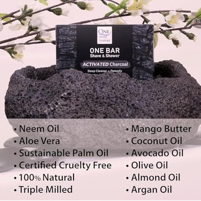 ONE WITH NATURE ONE BAR ACTIVATED CHARCOAL 3.5 OZ 3 PACK - SHAVE, SHOWER, SHAMPOO, FACE, BEARD, BODY, HAIR/SCALP, SUPERFAT OIL INFUSED: AVOCADO, MANGO, OLIVE, COCONUT, ARGAN, MOISTURIZING AND NOURISHING OIL. - Image 3
