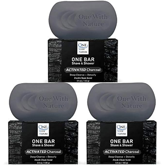 ONE WITH NATURE ONE BAR ACTIVATED CHARCOAL 3.5 OZ 3 PACK - SHAVE, SHOWER, SHAMPOO, FACE, BEARD, BODY, HAIR/SCALP, SUPERFAT OIL INFUSED: AVOCADO, MANGO, OLIVE, COCONUT, ARGAN, MOISTURIZING AND NOURISHING OIL. - Image 1