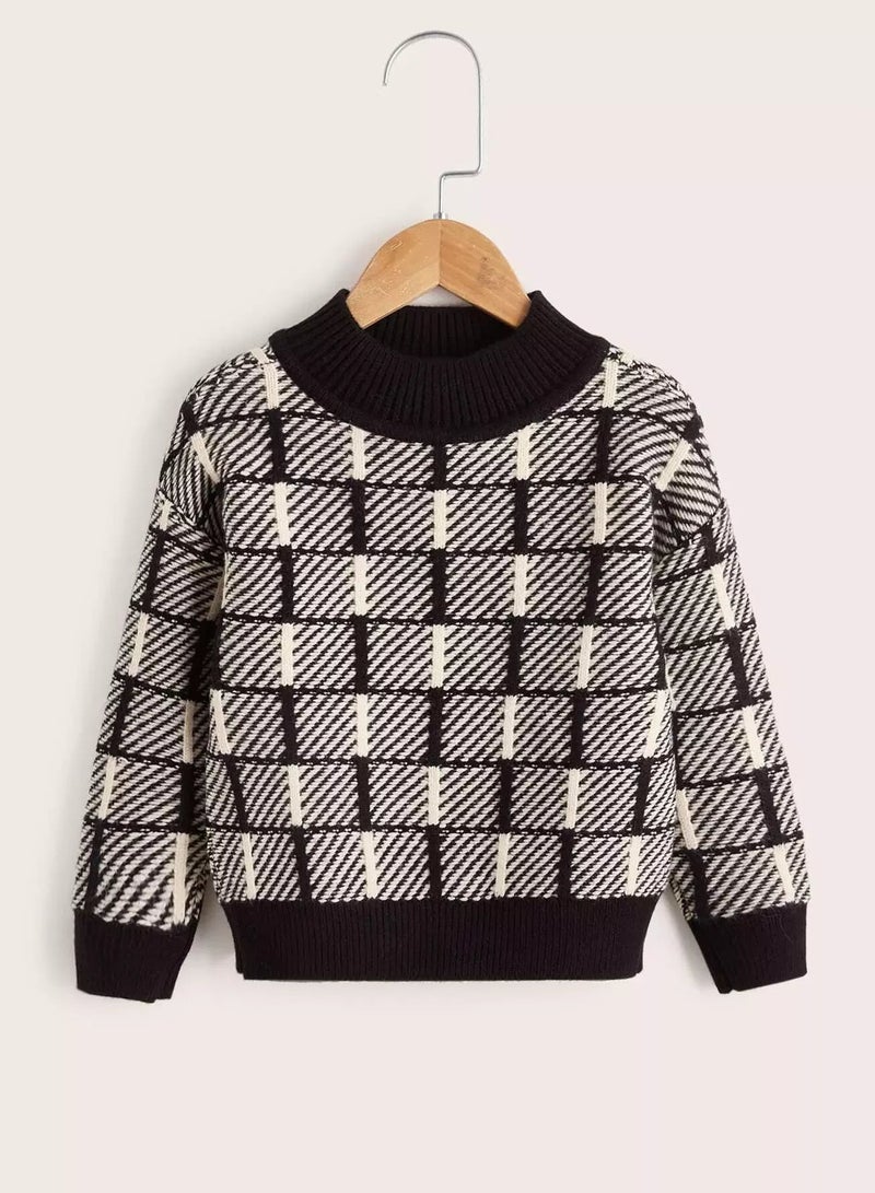 Toddler Boys Striped And Geo Pattern Drop Shoulder Sweater - Image 1