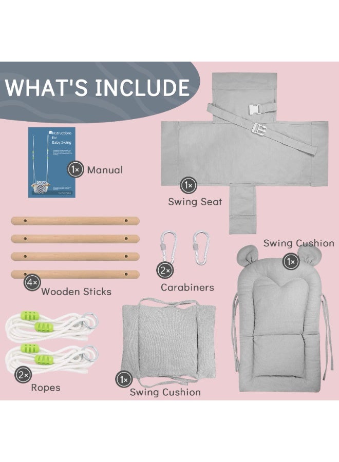 والالا أرجوحة أطفال من القماش مع مقعد خشبي - أرجوحة أطفال معلقة داخلية/خارجية للأشجار والفناء الخلفي، أرجوحة آمنة للأطفال الرضع (مقعد 26×25 سم، حبل قابل لضبط الارتفاع 130-160 سم، لون رمادي) - Image 3