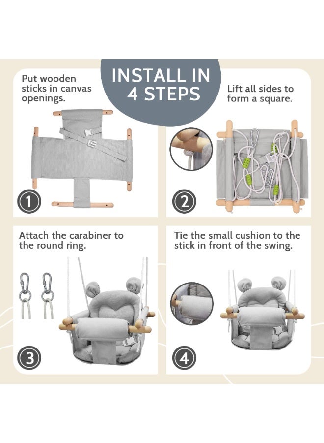 والالا أرجوحة أطفال من القماش مع مقعد خشبي - أرجوحة أطفال معلقة داخلية/خارجية للأشجار والفناء الخلفي، أرجوحة آمنة للأطفال الرضع (مقعد 26×25 سم، حبل قابل لضبط الارتفاع 130-160 سم، لون رمادي) - Image 5