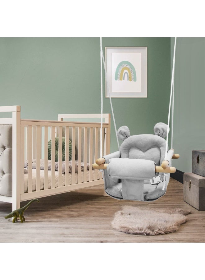 والالا أرجوحة أطفال من القماش مع مقعد خشبي - أرجوحة أطفال معلقة داخلية/خارجية للأشجار والفناء الخلفي، أرجوحة آمنة للأطفال الرضع (مقعد 26×25 سم، حبل قابل لضبط الارتفاع 130-160 سم، لون رمادي) - Image 4