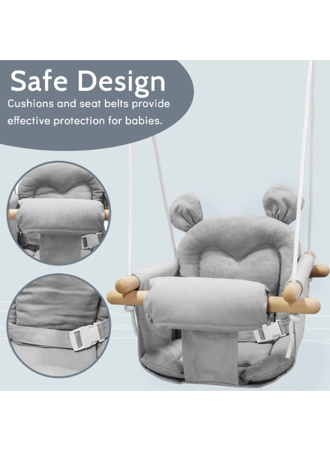 والالا أرجوحة أطفال من القماش مع مقعد خشبي - أرجوحة أطفال معلقة داخلية/خارجية للأشجار والفناء الخلفي، أرجوحة آمنة للأطفال الرضع (مقعد 26×25 سم، حبل قابل لضبط الارتفاع 130-160 سم، لون رمادي) - Image 1