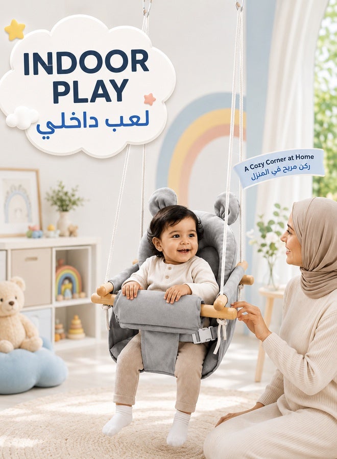 والالا أرجوحة أطفال من القماش مع مقعد خشبي - أرجوحة أطفال معلقة داخلية/خارجية للأشجار والفناء الخلفي، أرجوحة آمنة للأطفال الرضع (مقعد 26×25 سم، حبل قابل لضبط الارتفاع 130-160 سم، لون رمادي) - Image 5