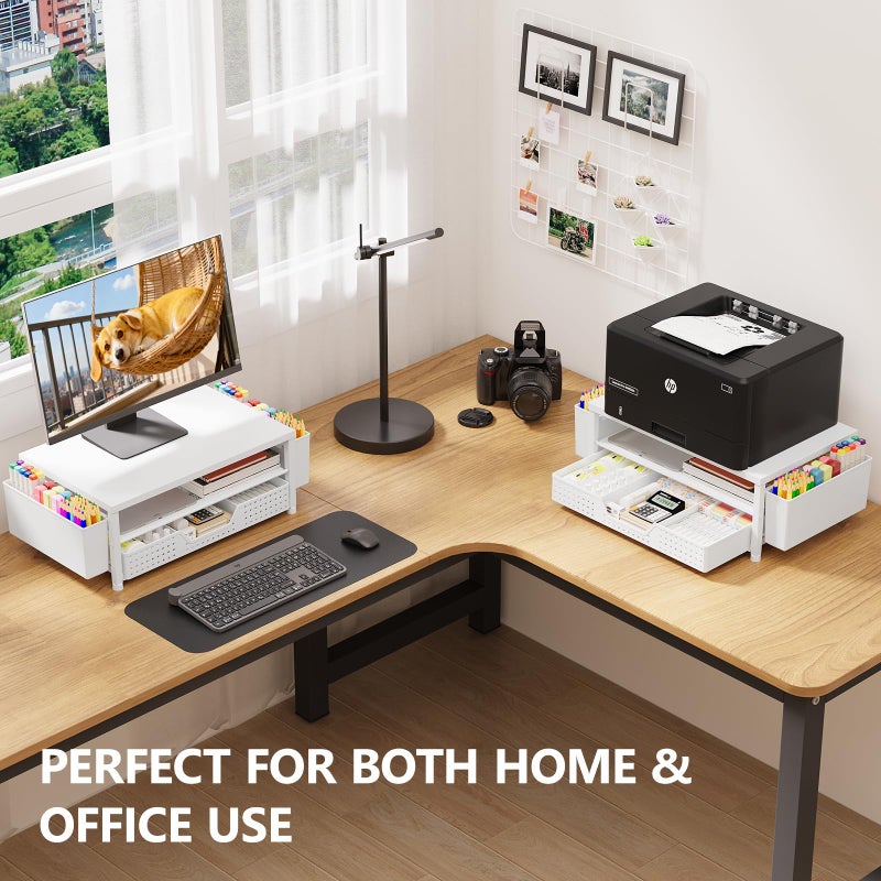 OPNICE Desk Organizers and Accessories, 2-Tier Computer Monitor Stand Riser with Drawer and 2 Pen Holders, Laptop Stand, Office Desk Accessories for Office Supplies, White - Image 3