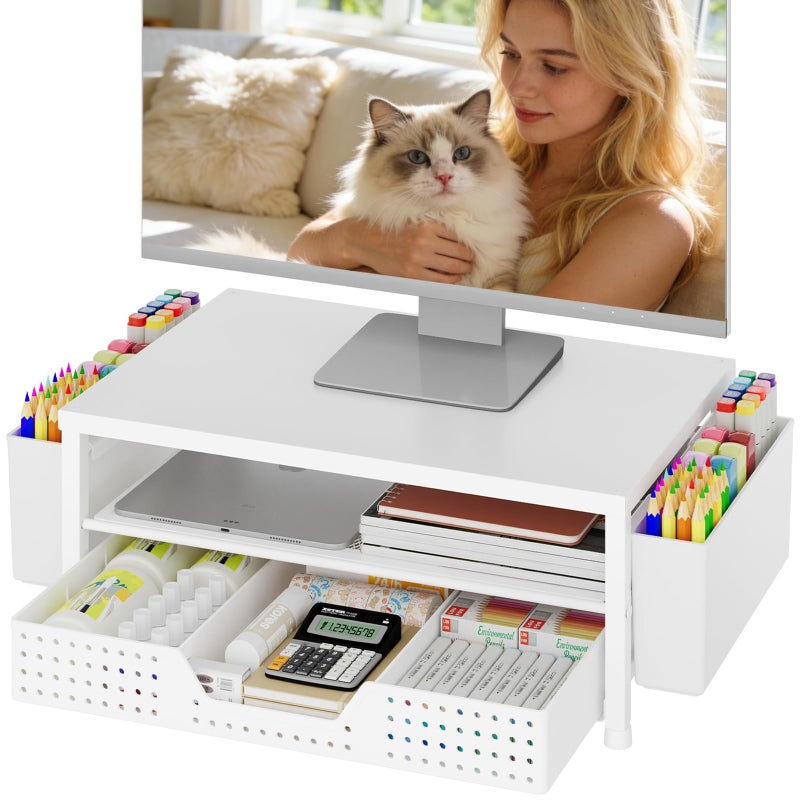 OPNICE Desk Organizers and Accessories, 2-Tier Computer Monitor Stand Riser with Drawer and 2 Pen Holders, Laptop Stand, Office Desk Accessories for Office Supplies, White - Image 1