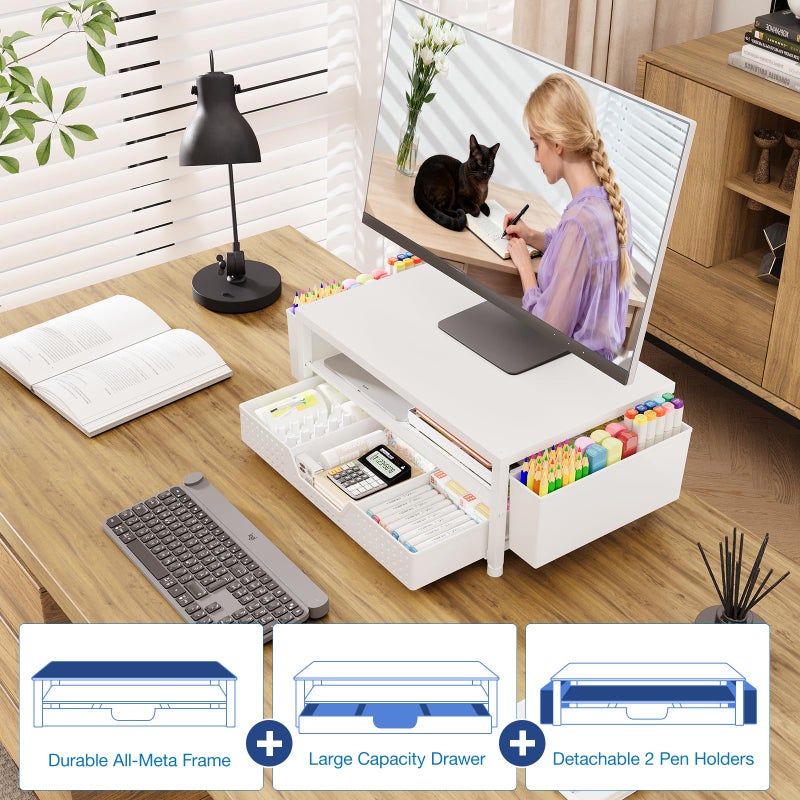 OPNICE Desk Organizers and Accessories, 2-Tier Computer Monitor Stand Riser with Drawer and 2 Pen Holders, Laptop Stand, Office Desk Accessories for Office Supplies, White - Image 4