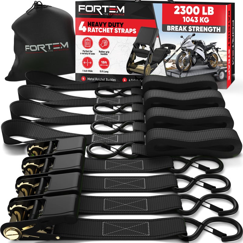 FORTEM Ratchet Straps Tie Down Strap Set 2300lb Break Strength 4 Pack 15ft x 1in 4 Soft Loops Moving Straps Tie Downs Cargo Cam Buckles for Trucks Carry Bag for Men - Image 2