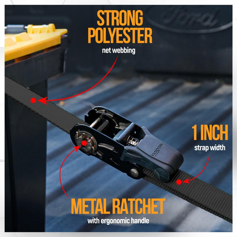 FORTEM Ratchet Straps Tie Down Strap Set 2300lb Break Strength 4 Pack 15ft x 1in 4 Soft Loops Moving Straps Tie Downs Cargo Cam Buckles for Trucks Carry Bag for Men - Image 4