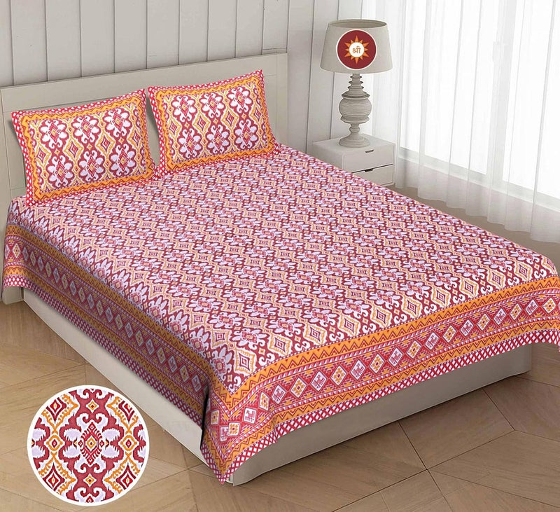 Tamasvini Cotton 144 TC 1 Bedsheet with 2 Pillow Covers Sanganeri Jaipuri Print Size 90 inches x 108 inches Hand Print Standard King Size Bedsheet for Home and Living Room Red Boota - Image 1