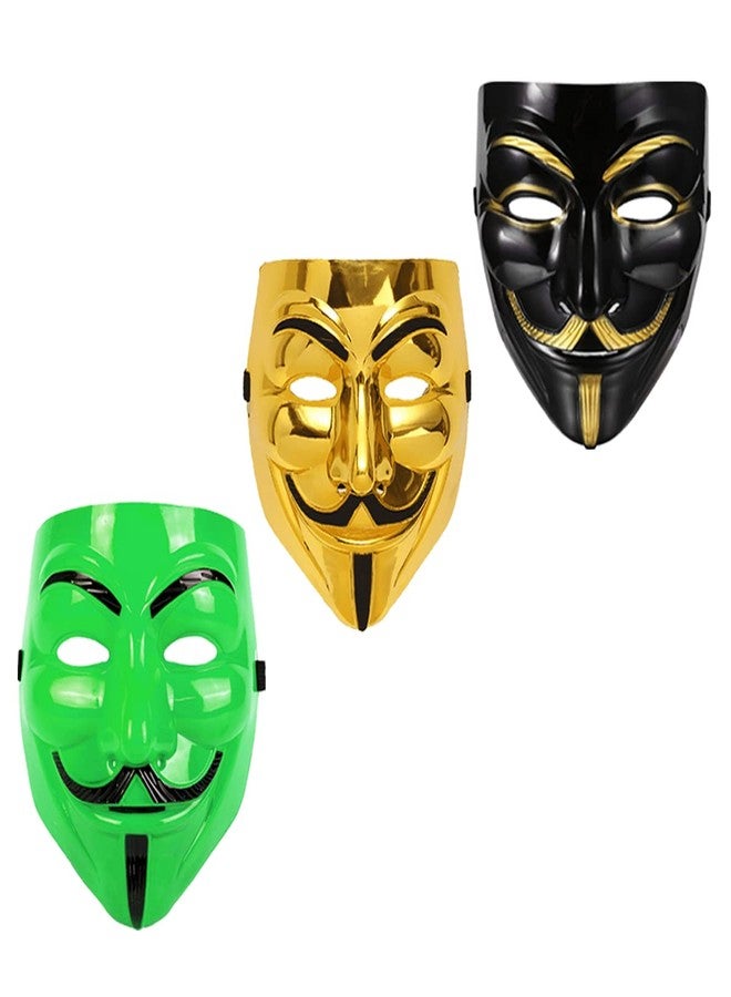 Sage Square Black, Golden & Green Vendetta FACE MASK Fawkes Mask Anonymous VIP Edition Face-Mask Perfect Fit Cosplay V for Vendetta (Set Of 3) - Image 1