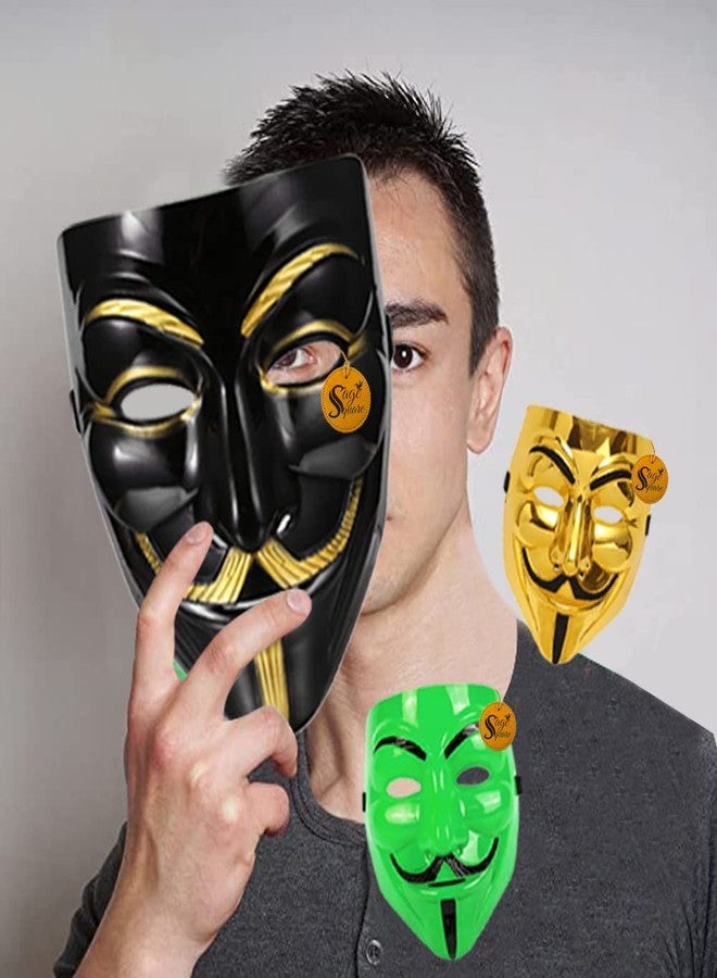 Sage Square Black, Golden & Green Vendetta FACE MASK Fawkes Mask Anonymous VIP Edition Face-Mask Perfect Fit Cosplay V for Vendetta (Set Of 3) - Image 3