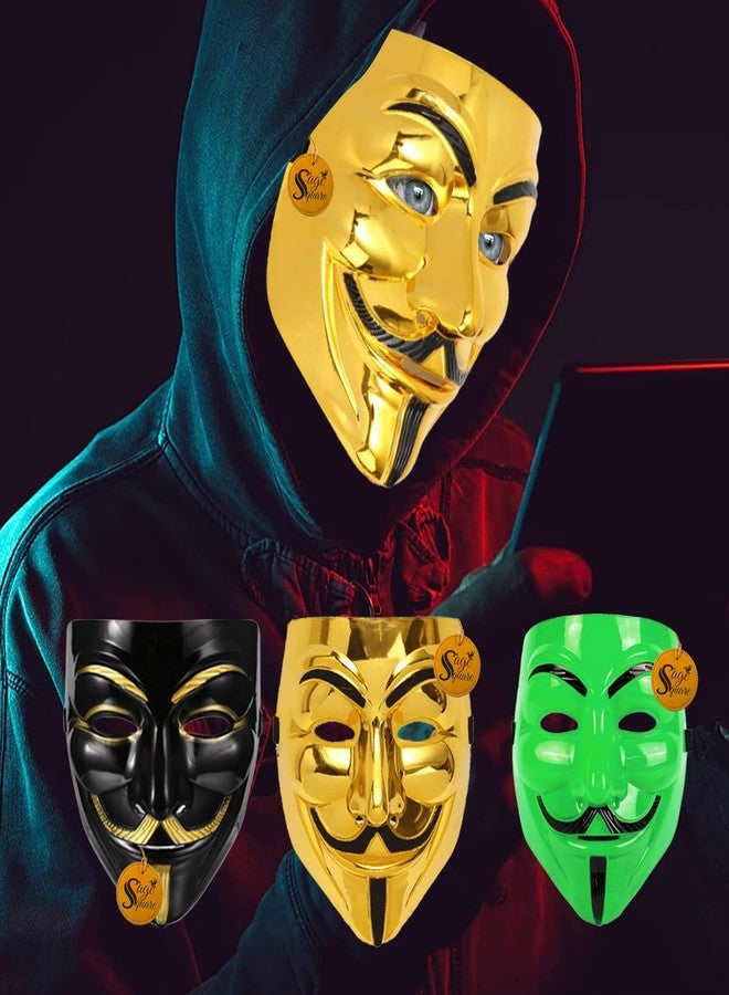 Sage Square Black, Golden & Green Vendetta FACE MASK Fawkes Mask Anonymous VIP Edition Face-Mask Perfect Fit Cosplay V for Vendetta (Set Of 3) - Image 2