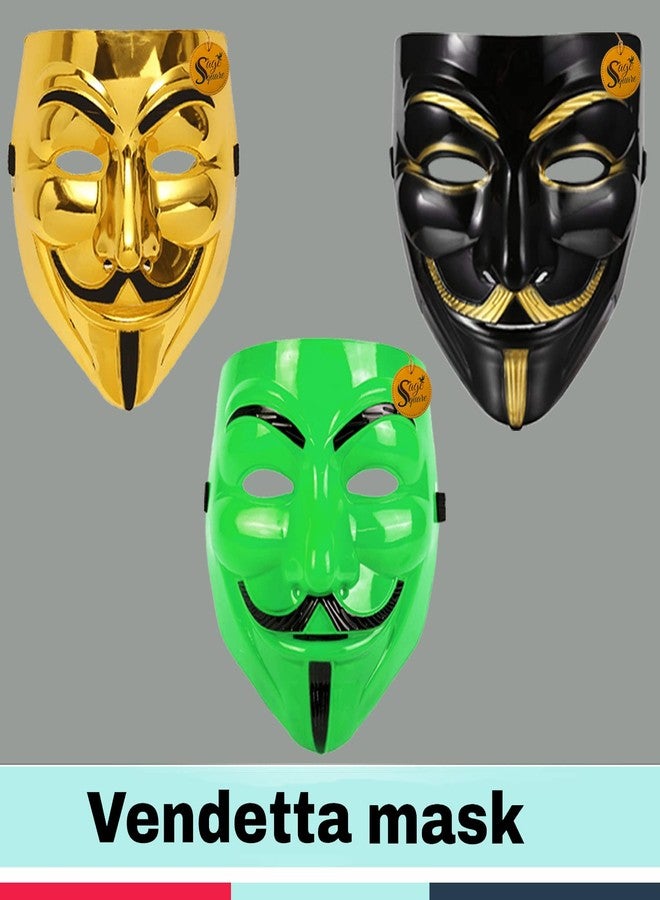 Sage Square Black, Golden & Green Vendetta FACE MASK Fawkes Mask Anonymous VIP Edition Face-Mask Perfect Fit Cosplay V for Vendetta (Set Of 3) - Image 4