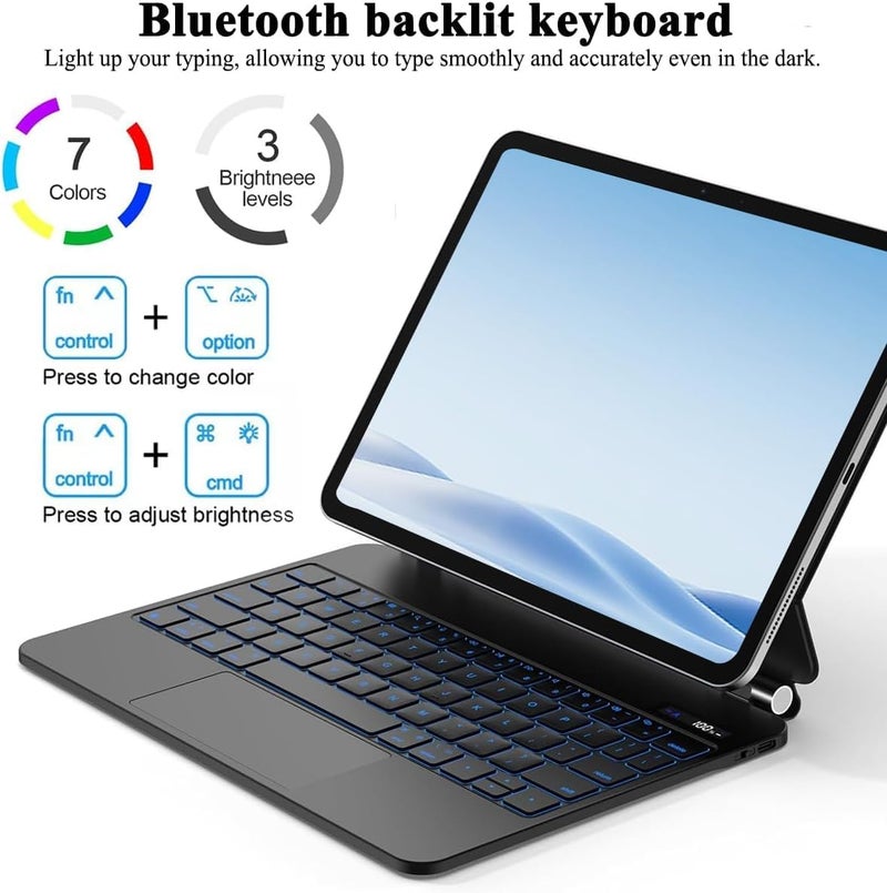 QPHWHFQ 【Arabic & English】Magic Keyboard for iPad Air 11" M4/M3/M2 & iPad Air 5th/4th & iPad Pro 11"(1st/2nd/3rd/4th), Keyboard Case with Magnetic Stand, LCD Display, Multi-Touch Trackpad, 7-Color Backlight - Image 3