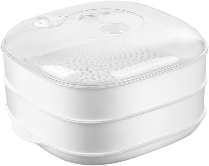Double Layer Microwave Steamer with Lid, Plastic Food Steamer Container for Rice, Dumplings, and Buns, White Kitchen Storage and Heating Box for Healthy Meal Cooking - Image 1