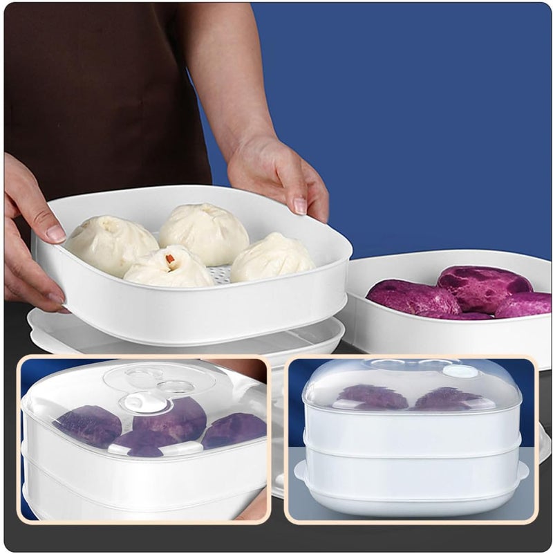 Double Layer Microwave Steamer with Lid, Plastic Food Steamer Container for Rice, Dumplings, and Buns, White Kitchen Storage and Heating Box for Healthy Meal Cooking - Image 4