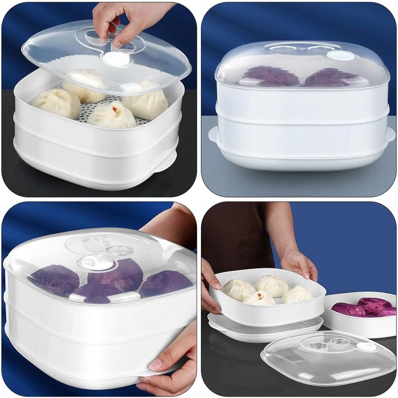 Double Layer Microwave Steamer with Lid, Plastic Food Steamer Container for Rice, Dumplings, and Buns, White Kitchen Storage and Heating Box for Healthy Meal Cooking - Image 3