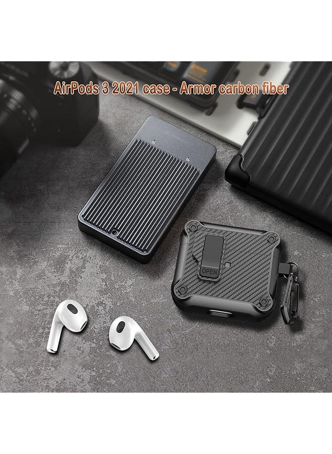 erorex - Airpods 3Rd Generation Case With Automatic Secure Lock Clip Armor Protective Hard Tpu Case Cover For Airpods 3 Charging Case With Carbon Fiber Keychain Black - Image 1