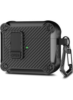 Airpods 3Rd Generation Case With Automatic Secure Lock Clip Armor Protective Hard Tpu Case Cover For Airpods 3 Charging Case With Carbon Fiber Keychain Black