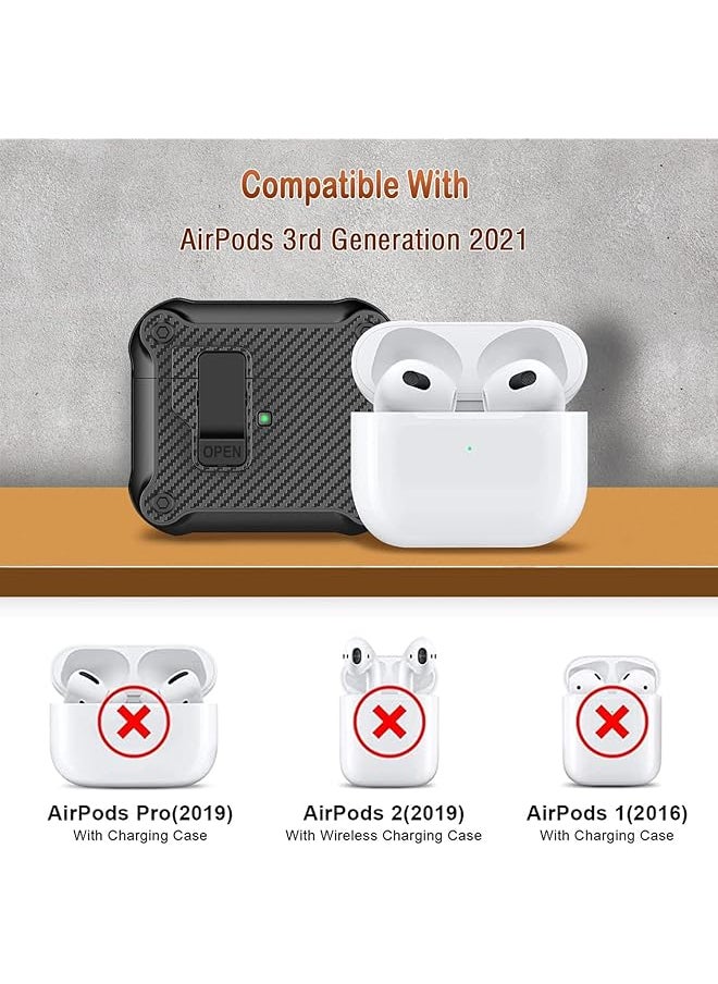 erorex - Airpods 3Rd Generation Case With Automatic Secure Lock Clip Armor Protective Hard Tpu Case Cover For Airpods 3 Charging Case With Carbon Fiber Keychain Black - Image 1
