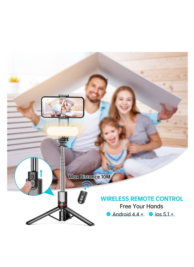 SYOSI - Stable Selfie Stick Tripod with Fill Light, Portable 44 Inch Extendable Selfie Stick with Bluetooth Wireless Remote and Travel Tripod Stand 360 Rotation, for iPhone 15/14/13 Pro/XS Max Smartphone - Image 1