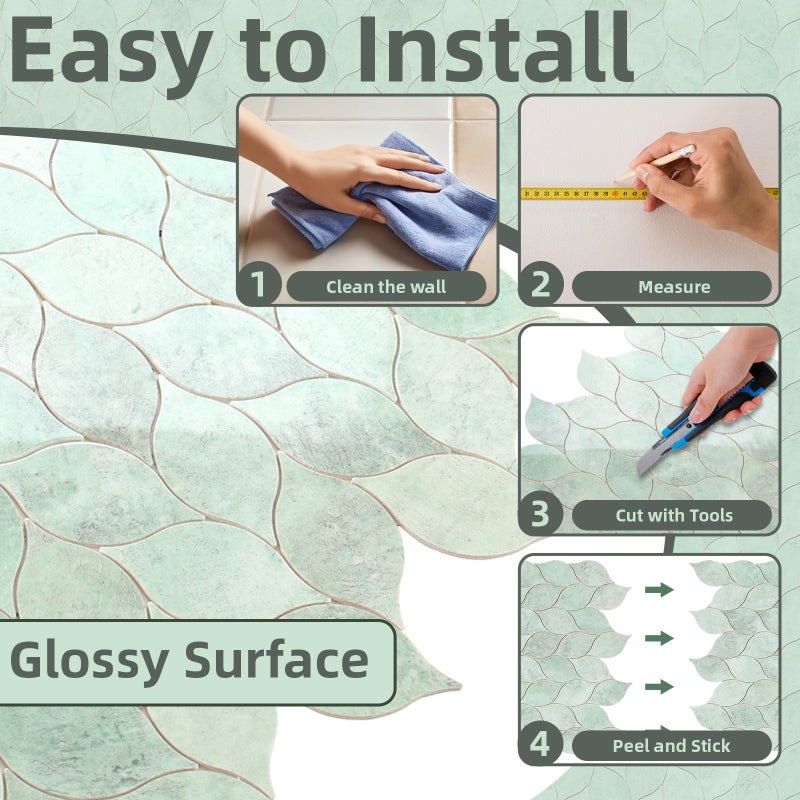 Tilingview 10-Sheet Peel and Stick Backsplash Tile for Kitchen, Self-Adhesive Mosaic Glossy Leaf Stick on Wall Tile with Gaps (Light Green) - Image 5