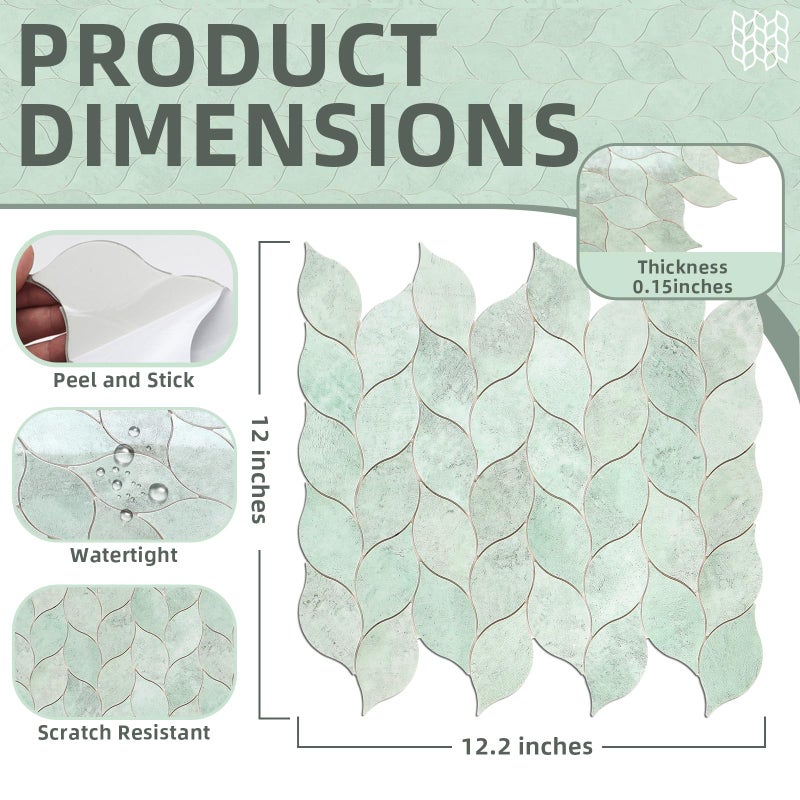 Tilingview 10-Sheet Peel and Stick Backsplash Tile for Kitchen, Self-Adhesive Mosaic Glossy Leaf Stick on Wall Tile with Gaps (Light Green) - Image 4