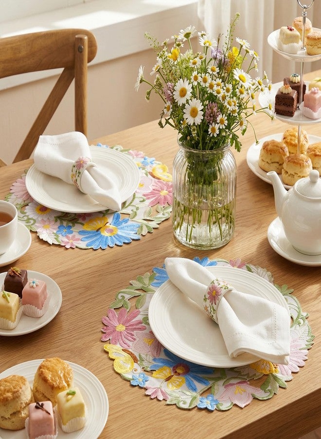 Ishua 4 Pcs Spring Round Placemats 14'' Embroidered Floral Doilies Table Mats for Home Kitchen Holiday Table Decoration - Image 3
