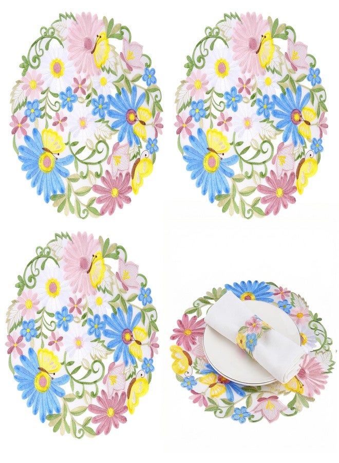 Ishua 4 Pcs Spring Round Placemats 14'' Embroidered Floral Doilies Table Mats for Home Kitchen Holiday Table Decoration - Image 1