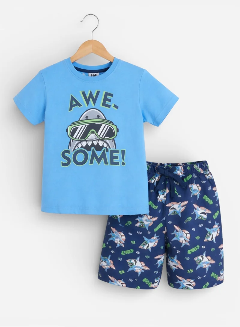 Victor And Jane  Boys “Awesome” Shark Print Cotton Pajama Set – T-Shirt & Shorts Nightwear for Men | Best Price UAE