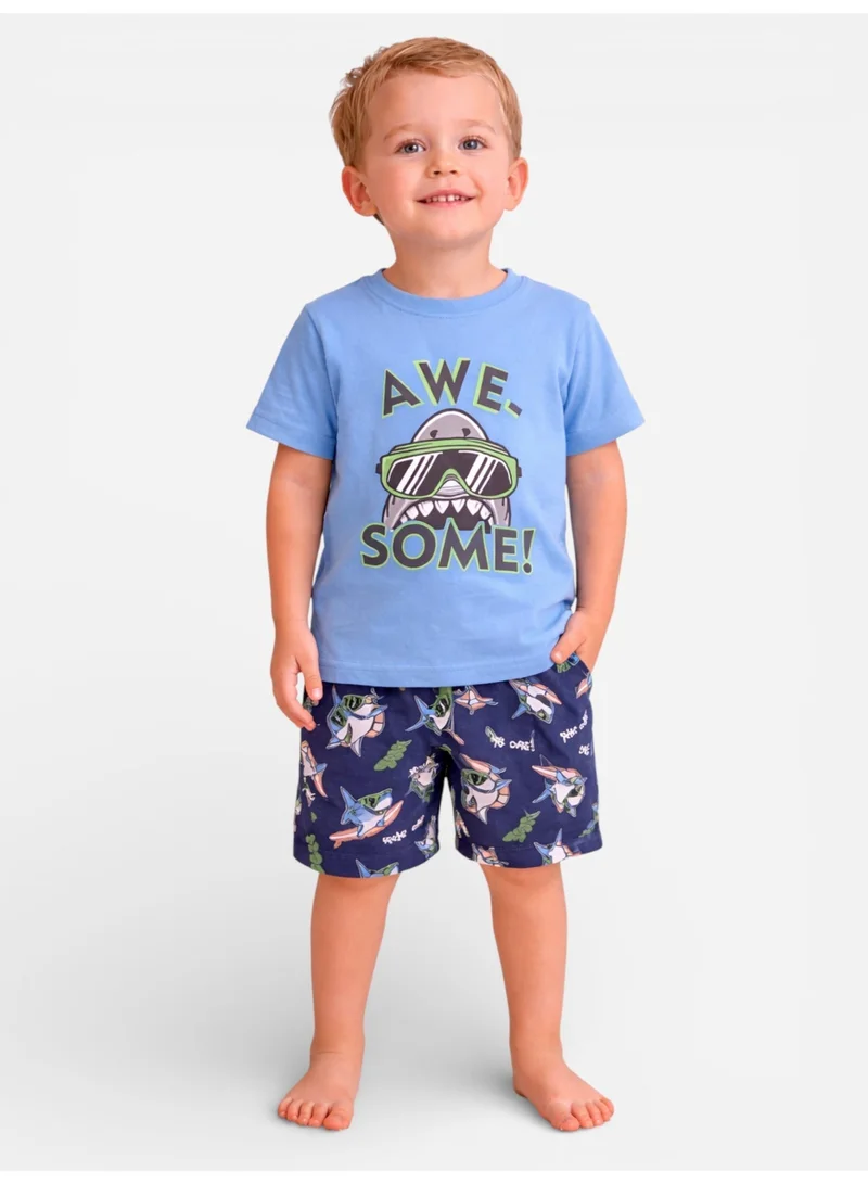 فكتور اند جين Boys “Awesome” Shark Print Cotton Pajama Set – T-Shirt & Shorts Nightwear