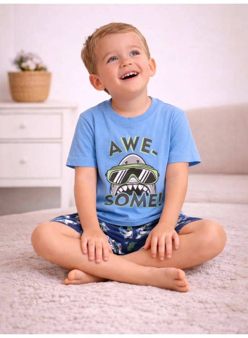 Victor And Jane  Boys “Awesome” Shark Print Cotton Pajama Set – T-Shirt & Shorts Nightwear for Men | Best Price UAE