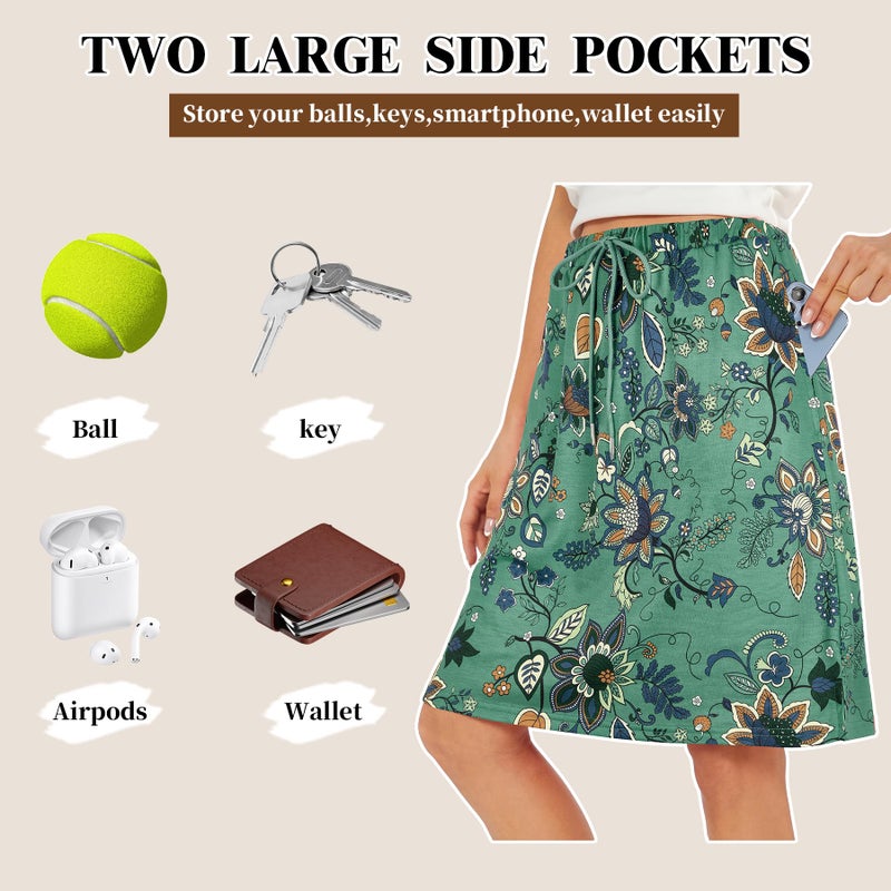 Zando Skorts for Women Dressy Casual Knee Length Skirts for Women with Pockets Tummy Control Athletic Skirt with Shorts Underneath Tennis Skirt Golf Skort Drawstring Skirt Black Leaves Medium - Image 3