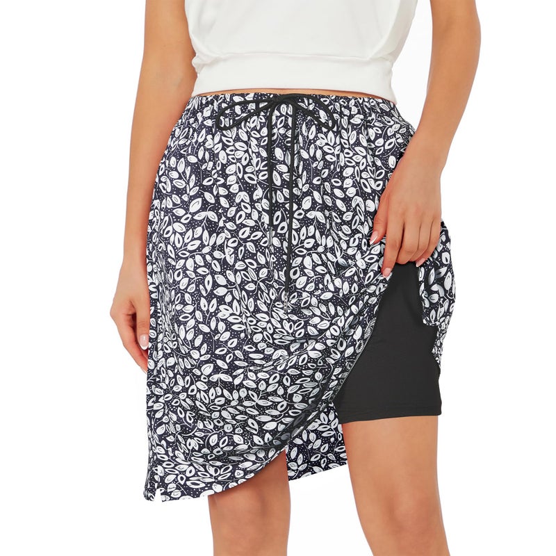 Zando Skorts for Women Dressy Casual Knee Length Skirts for Women with Pockets Tummy Control Athletic Skirt with Shorts Underneath Tennis Skirt Golf Skort Drawstring Skirt Black Leaves Medium - Image 1
