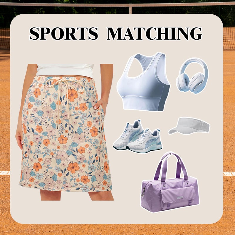 Zando Skorts for Women Dressy Casual Knee Length Skirts for Women with Pockets Tummy Control Athletic Skirt with Shorts Underneath Tennis Skirt Golf Skort Drawstring Skirt Black Leaves Medium - Image 4