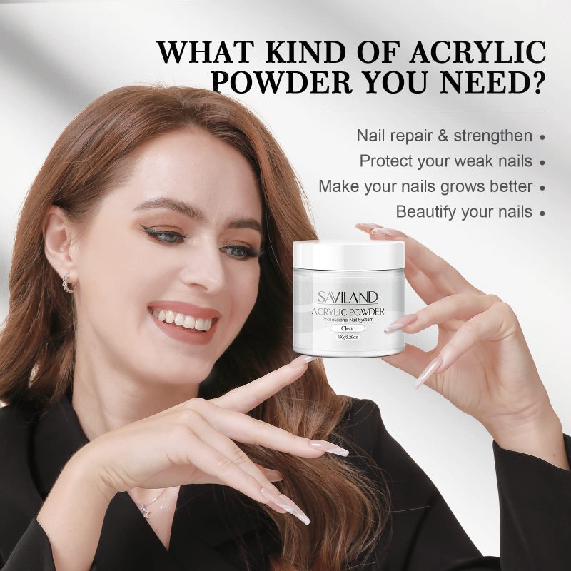 Saviland Clear Acrylic Powder 5.29OZ Large Capacity Acrylic Nail Powder Polymer Beginner Friendly Long Lasting No Need Nail Lamp Professional Acrylic Powder for French Manicure Nail Carving - Image 2