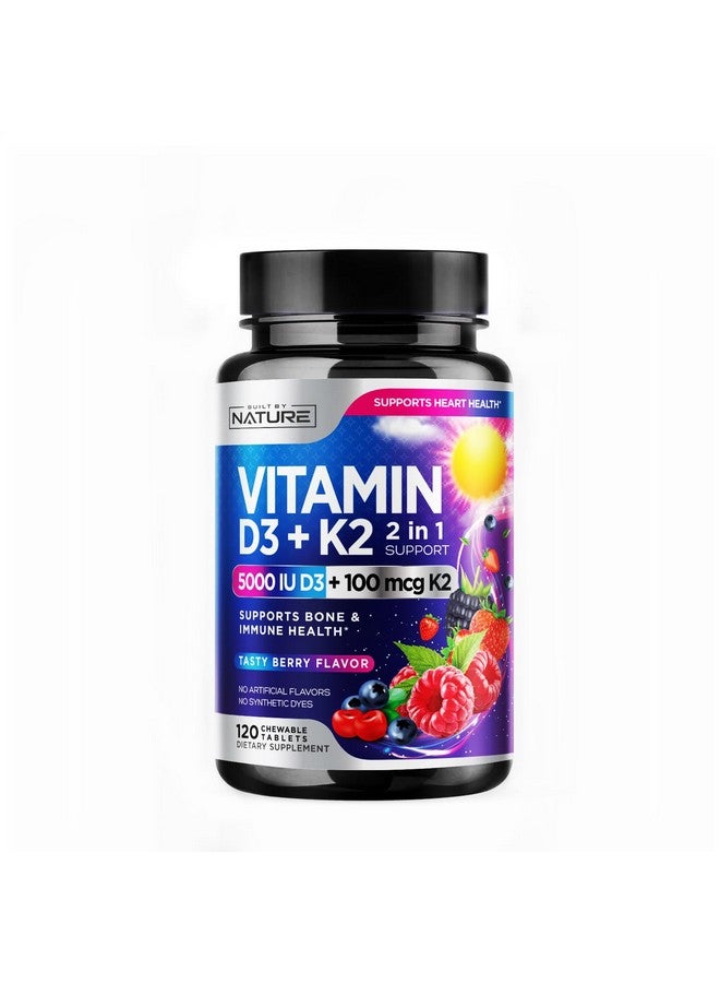 Built By Nature Vitamin D3 K2 - Chewable Vitamin D 5000 IU & K2 MK-7 100 mcg - 2 in 1 Vitamin D K2 Supplement Chews - Immune, Heart, & Bone Support - Non GMO - Tasty Berry Flavor - 120 Chewable Tablets  - Image 1