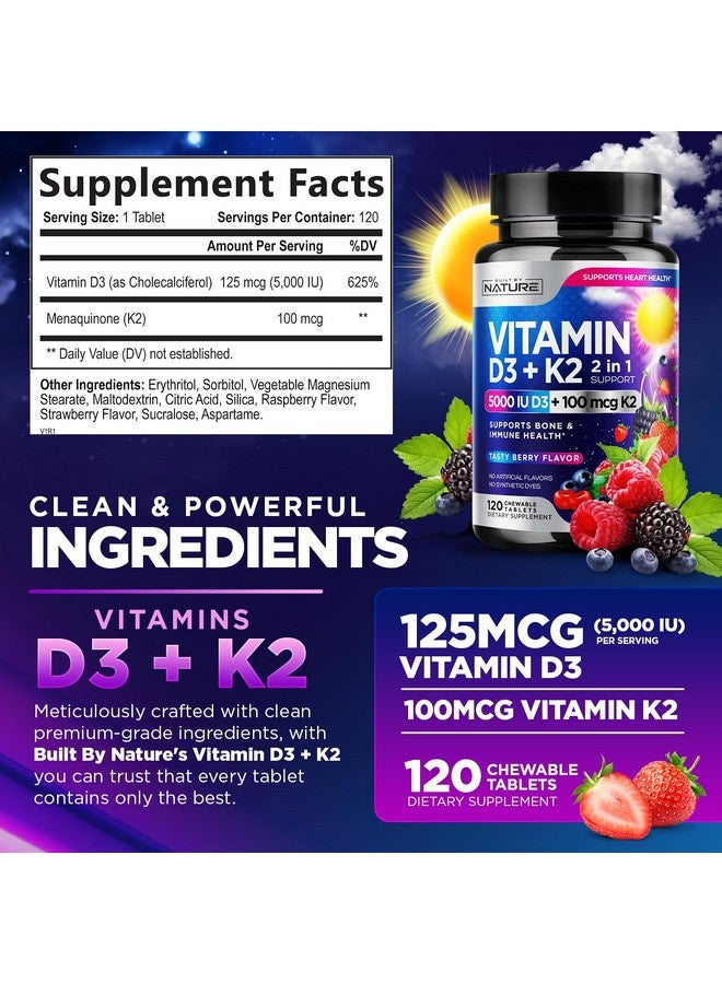 Built By Nature Vitamin D3 K2 - Chewable Vitamin D 5000 IU & K2 MK-7 100 mcg - 2 in 1 Vitamin D K2 Supplement Chews - Immune, Heart, & Bone Support - Non GMO - Tasty Berry Flavor - 120 Chewable Tablets  - Image 2