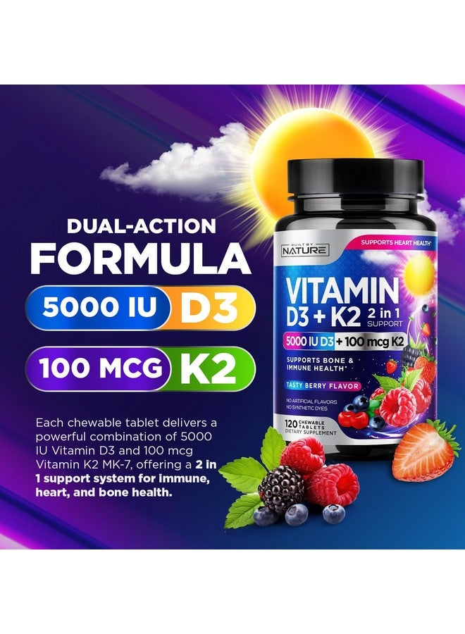 Built By Nature Vitamin D3 K2 - Chewable Vitamin D 5000 IU & K2 MK-7 100 mcg - 2 in 1 Vitamin D K2 Supplement Chews - Immune, Heart, & Bone Support - Non GMO - Tasty Berry Flavor - 120 Chewable Tablets  - Image 3