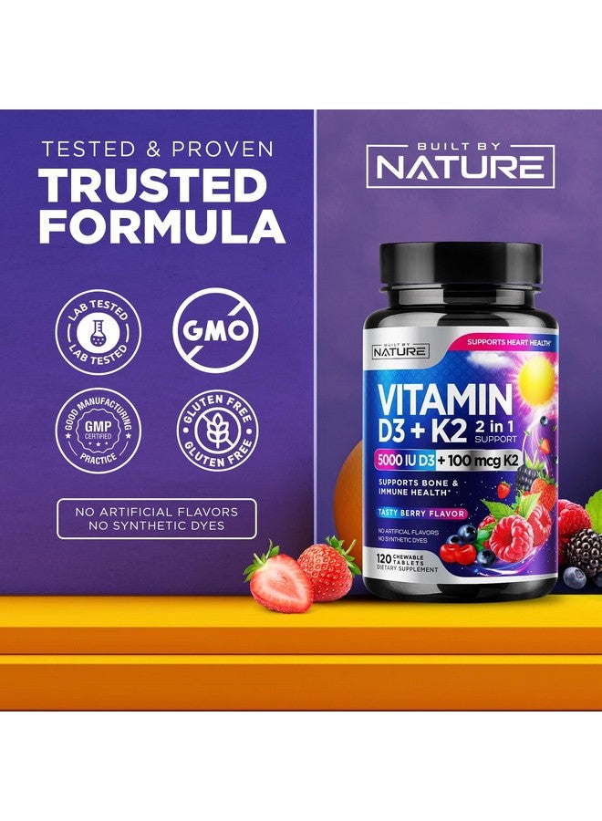 Built By Nature Vitamin D3 K2 - Chewable Vitamin D 5000 IU & K2 MK-7 100 mcg - 2 in 1 Vitamin D K2 Supplement Chews - Immune, Heart, & Bone Support - Non GMO - Tasty Berry Flavor - 120 Chewable Tablets  - Image 4
