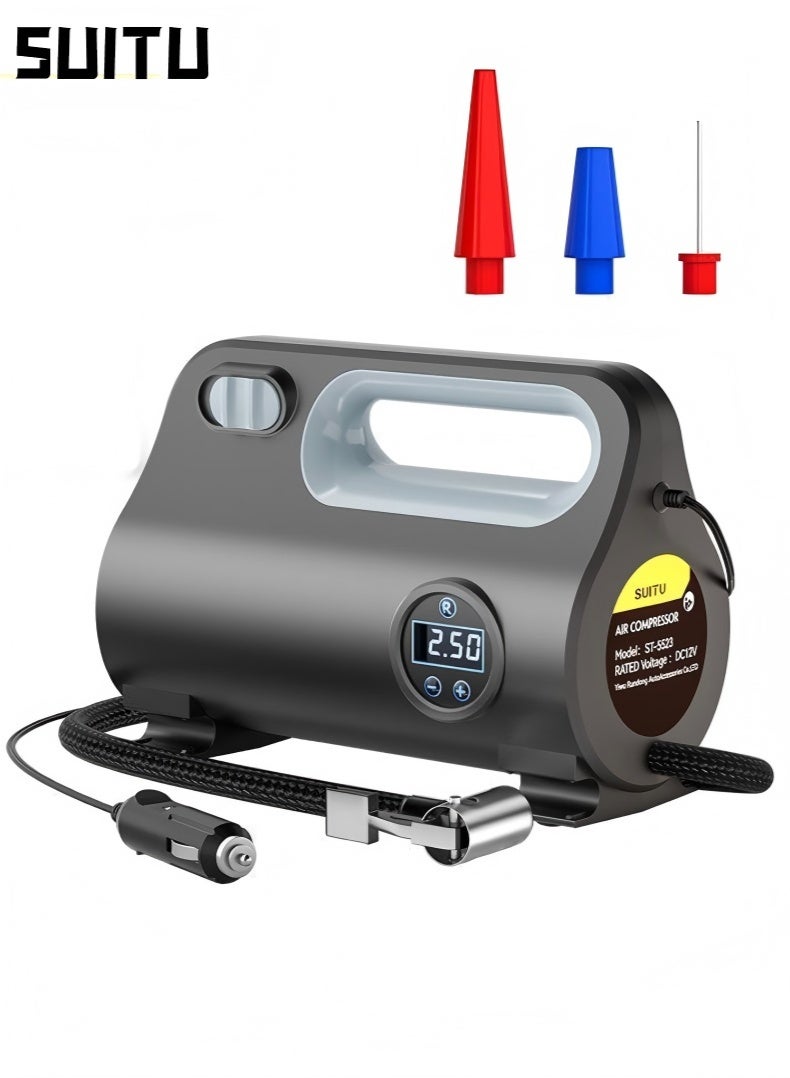 SUITU 120W Tire Inflator, Electric Air Blower, Portable Electric Car Tire Pump with Tire Pressure Gauge, Auto Stop Car Air Pump with 3 Nozzle Valve Adapter and LED Light, Car Accessories ﻿ - Image 1