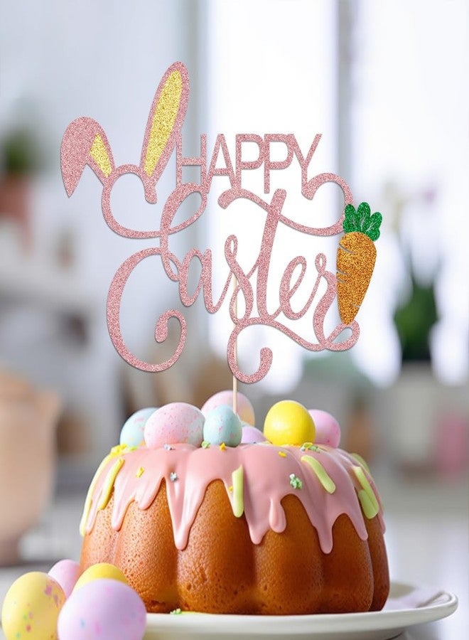 Bekaterea Happy Easter Cake Topper,Bunny ears/carrot cake decoration,Good for Happy Easter Spring Themed Party Supplies (Rose gold) - Image 5