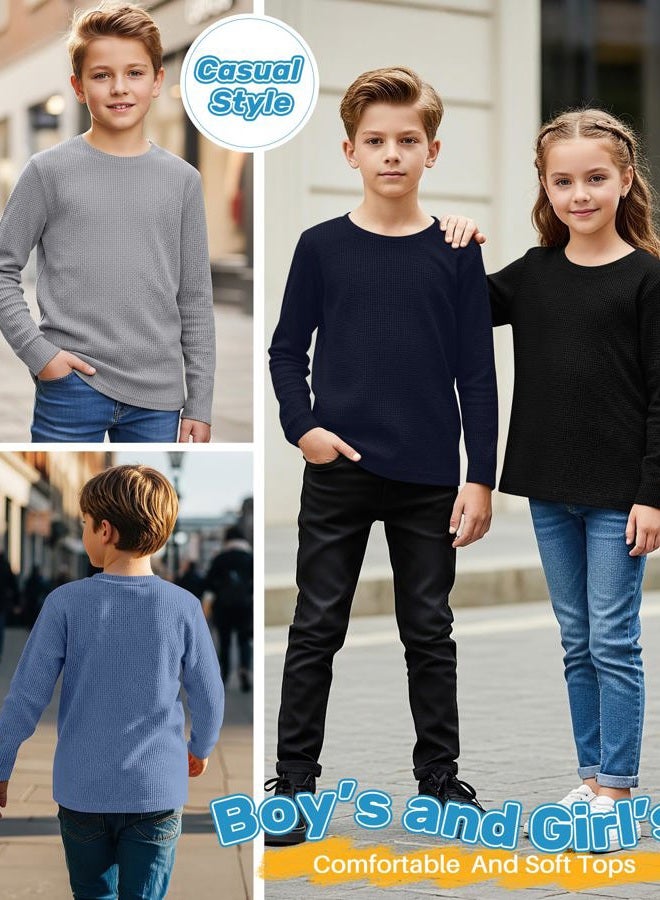 LessonZoo 4 Pack Boys Long Sleeve Shirts Crewneck Kids Waffle Knit T Shirts Toddler Boy Thermal Casual Tops Tees 5-14 Years, Haze Blue, Navy Blue, Gray, Black, 7-8 Years - Image 4