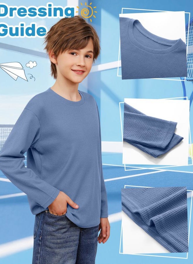 LessonZoo 4 Pack Boys Long Sleeve Shirts Crewneck Kids Waffle Knit T Shirts Toddler Boy Thermal Casual Tops Tees 5-14 Years, Haze Blue, Navy Blue, Gray, Black, 7-8 Years - Image 5
